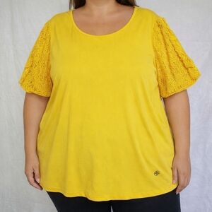 Adrienne Vitadini Yellow Lace Sleeve Women's Top